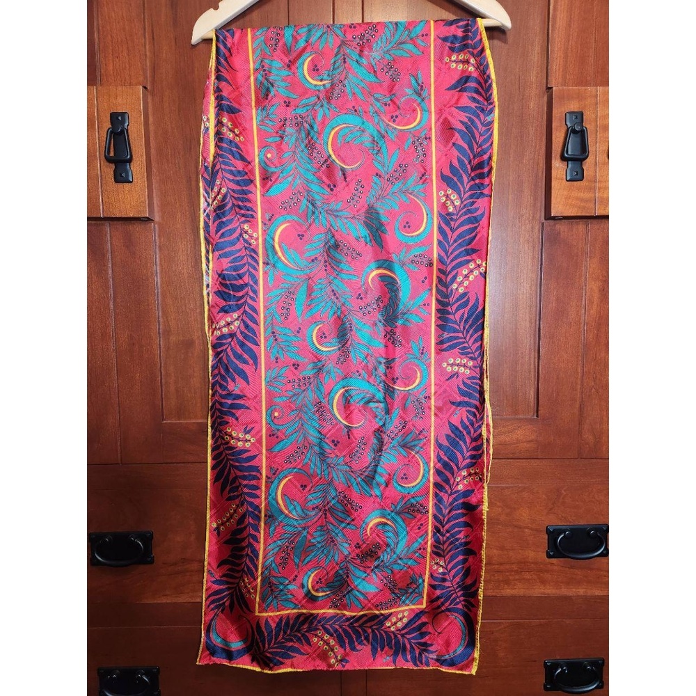 Vintage Perry Ellis Silk Scarf Multicolored Teal, Purple Yellow, Fuchsia Leaf